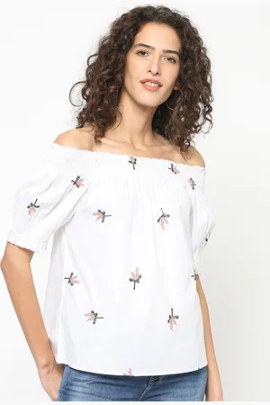 Gipsy Women White Solid Bardot Pure Cotton Top