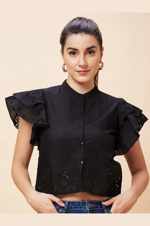 Globus Black Flutter Sleeve Pure Cotton Schiffli Crop Top