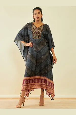 Soch Black Ethnic Printed V-Neck Kimono Sleeves Embroidered Kaftan Maxi Ethnic Dress