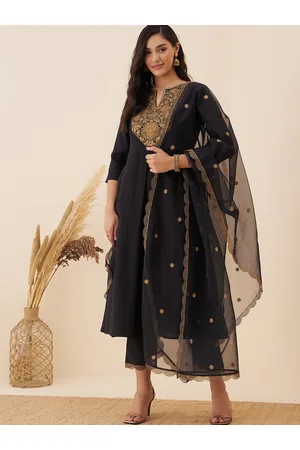 Inddus Floral Yoke Design Regular Chanderi Cotton Kurta With Trousers & Dupatta
