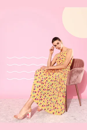Mast & Harbour Bright Yellow Floral Neck It Is Fit & Flare Accordion Pleated Midi Dress