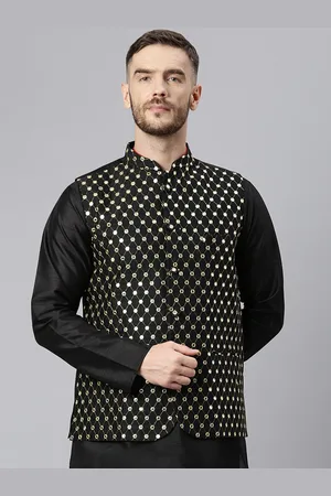 Hangup Men Black & Gold-Coloured Embroidered Woven Nehru Jacket