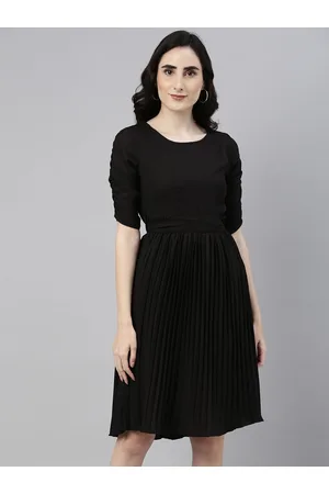Campus Women Solid Black Accordion Pleated Fit & Flare Dress