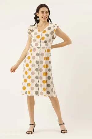 Campus Women Off-White & Mustard Yellow Polka Dots Printed A-Line Dress