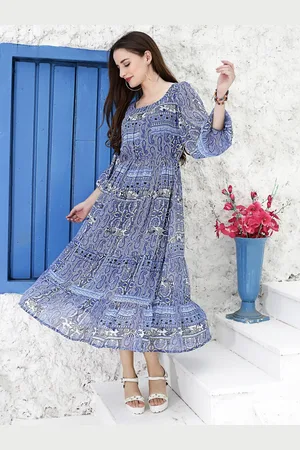 Sera Blue Ethnic Motifs Printed Puff Sleeves Gathered Fit & Flare Midi Dress