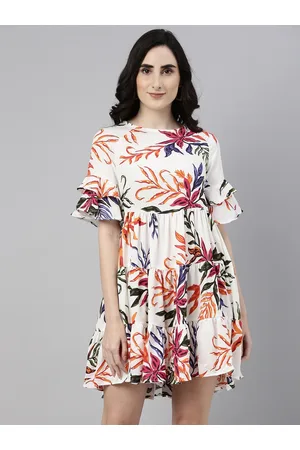 Campus White & Pink Floral Printed Gathered Dress