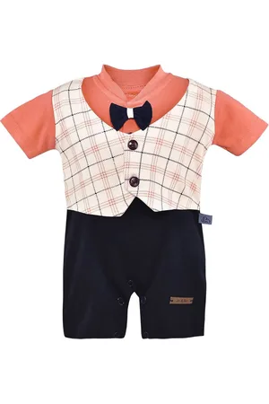 Wish Karo Infant Boys Checked Cotton Waistcoat-Style Rompers