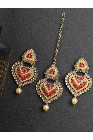 Priyaasi Gold-Plated & Red Kundan Stone-Studded & Beaded Handcrafted Maang Tikka with Earrings