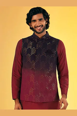 KISAH Embellished Pure Cotton Nehru Jacket With Pocket Square