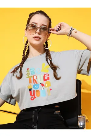STREET 9 Women Grey Printed Bio Finish Oversized Crop T-shirt