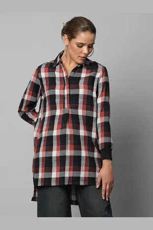 Chemistry Checked Shirt Collar Cuffed Sleeves Shirt Style Longline Top