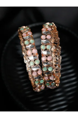 Priyaasi Set Of 2 Rose Gold-Plated Green & White Stones-Studded & Beaded Bangles