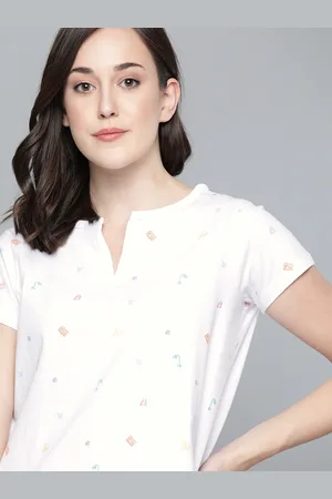 HARVARD Women White & Blue Conversational Print Cotton Notched Round Neck T-shirt