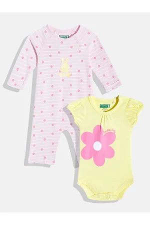 Benetton Infant Girls Pack of 2 Printed Pure Cotton Rompers & Bodysuit