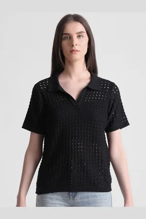 ONLY Self Design Polo Collar Pure Cotton T- Shirt