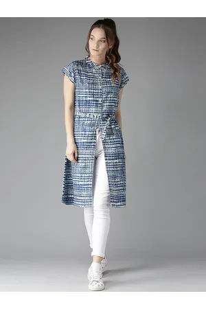 HERE&NOW Blue & Off-White Lightweight High Slit Longline Shirt Style Top