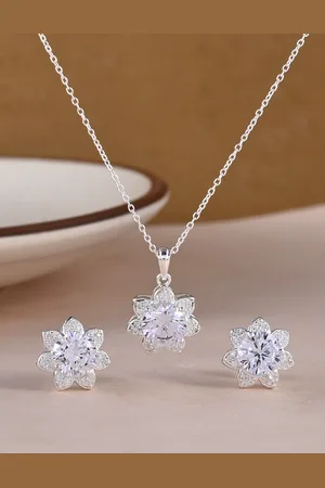Studio Voylla Women 925 Sterling Silver Stone Studded Floral Pendant & Earrings Set
