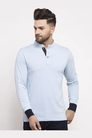 Kalt Men Blue Solid Mandarin Collar T-shirt