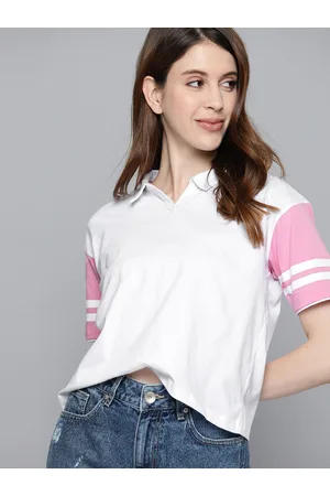 HARVARD Women White Pink Pure Cotton Solid Shirt Collar Pure Cotton T-shirt