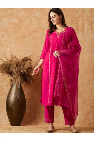Sangria Pink Floral Embroidered Sequinned Kurta With Trouser & Dupatta