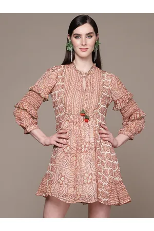 aarke Ritu Kumar Ethnic Motifs Print Tie-Up Neck Puff Sleeve Ruffled A-Line Mini Dress