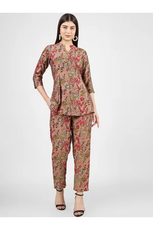 Celebravo Floral Printed Mandarin Collar Chanderi Silk Tunic With Trouser