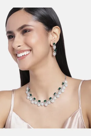 ESTELE Rhodium Plated CZ Mesmerizing Necklace Set with Green Crystals for Women