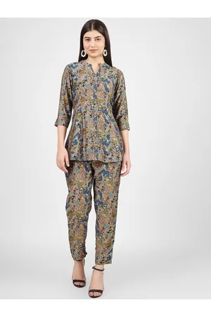 Celebravo Floral Printed Mandarin Collar Chanderi Silk Tunic With Trouser