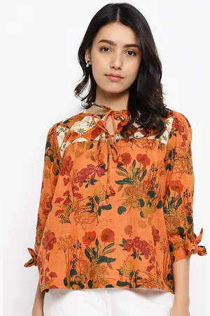 Fabindia Floral Printed Tie-Up Neck Puff Sleeves Cotton Top