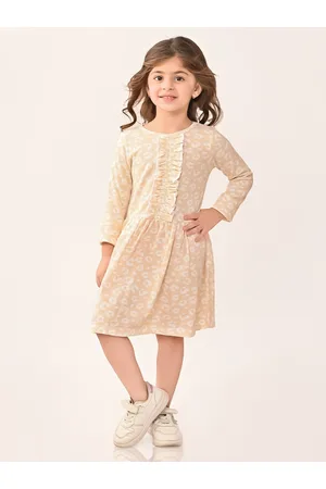 BONKIDS Girls Abstract Printed Round Neck Gathered Cotton A-Line Dress