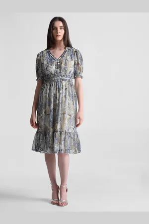ONLY Ethnic Motifs Printed V-Neck Puff Sleeve Gathered A-Line Midi Dress