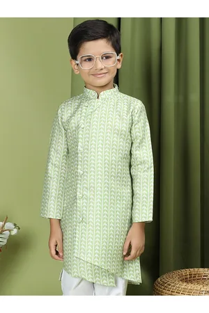 TABARD Boys Ethnic Motif Printed Mandarin Collar Asymmetric Hem Pure Cotton Straight Kurta