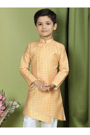 TABARD Boys Ethnic Motif Printed Mandarin Collar Asymmetric Hem Pure Cotton Straight Kurta