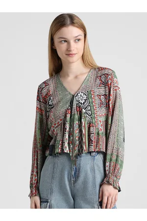 ONLY ONLDDOT LS Ethnic Motifs Printed Puff Sleeves V-Neck Pleated Top