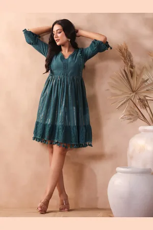 Ishin Self Design V-Neck Bell Sleeves Gathered Detail Cotton Fit & Flare Dress