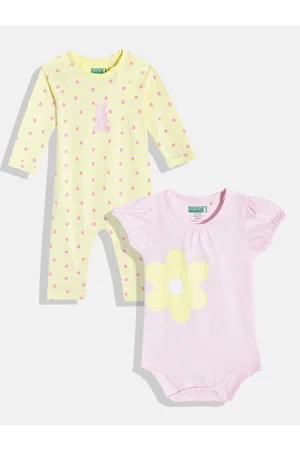 Benetton Infant Girls Pack of 2 Printed Pure Cotton Rompers & Bodysuit