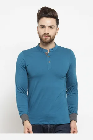 Kalt Men Teal Solid Mandarin Collar T-shirt