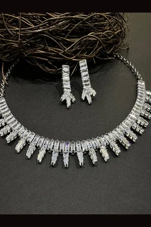 Asmitta Jewellery Rhodium-Plated American Diamond-Studded Necklace & Earrrings
