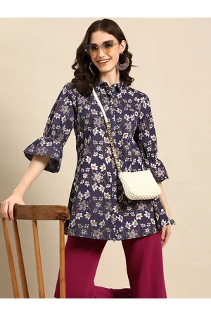 Sangria Floral Print Cotton Shirt Style Longline Top