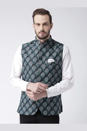 Hangup Men Black & White Ethnic Print Nehru Jacket