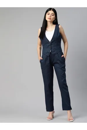 Cottinfab Women Solid Denim Waistcoat with Trousers