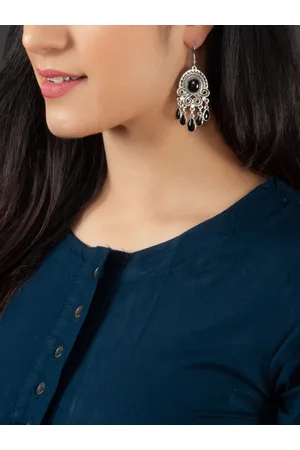 Rubans Women Silver-Toned & Black Classic Drop Earrings