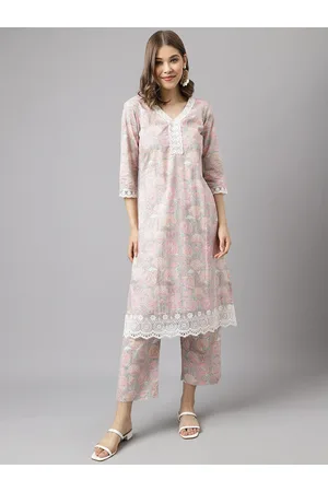 FIORRA Women Pink Floral Printed V-Neck Regular Pure Cotton Kurta With Trousers