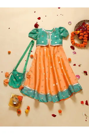 SAKA DESIGNS Girls Jacquard A-Line Ethnic Dress & Jacket & Pouch