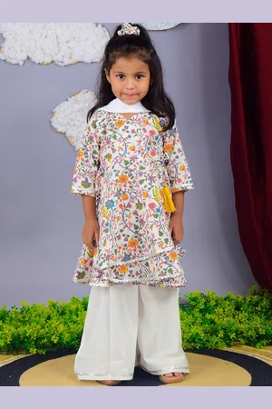 Nino Bambino Girls Floral Printed Layered Pure Cotton Kurta With Palazzos & Dupatta