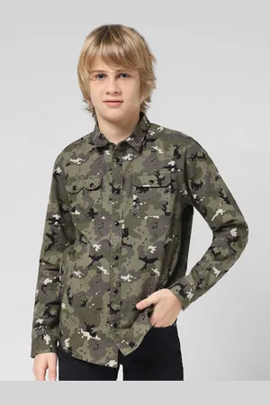 JACK & JONES Boys Slim Fit Camouflage Printed Spread Collar Cotton Casual Shirt