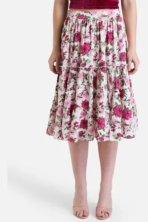 Kazo Floral Printed Tiered Satin Skirt
