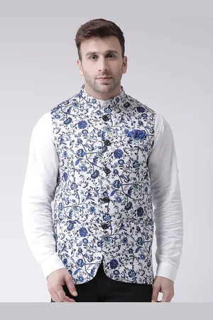 Hangup Men Blue & White Printed Festive Nehru Jacket