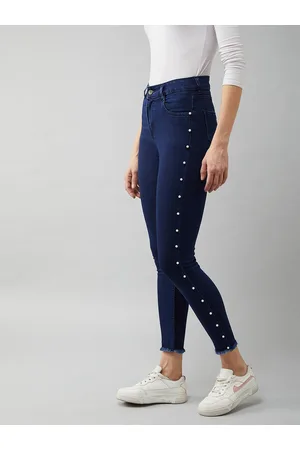 DOLCE CRUDO Women Navy Blue Embellished Skinny Fit High-Rise Stretchable Jeans