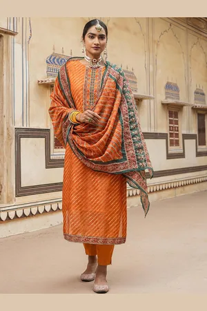 SCAKHI Leheriya Printed Thread Work Chanderi Silk Straight Kurta with Trouser With Dupata